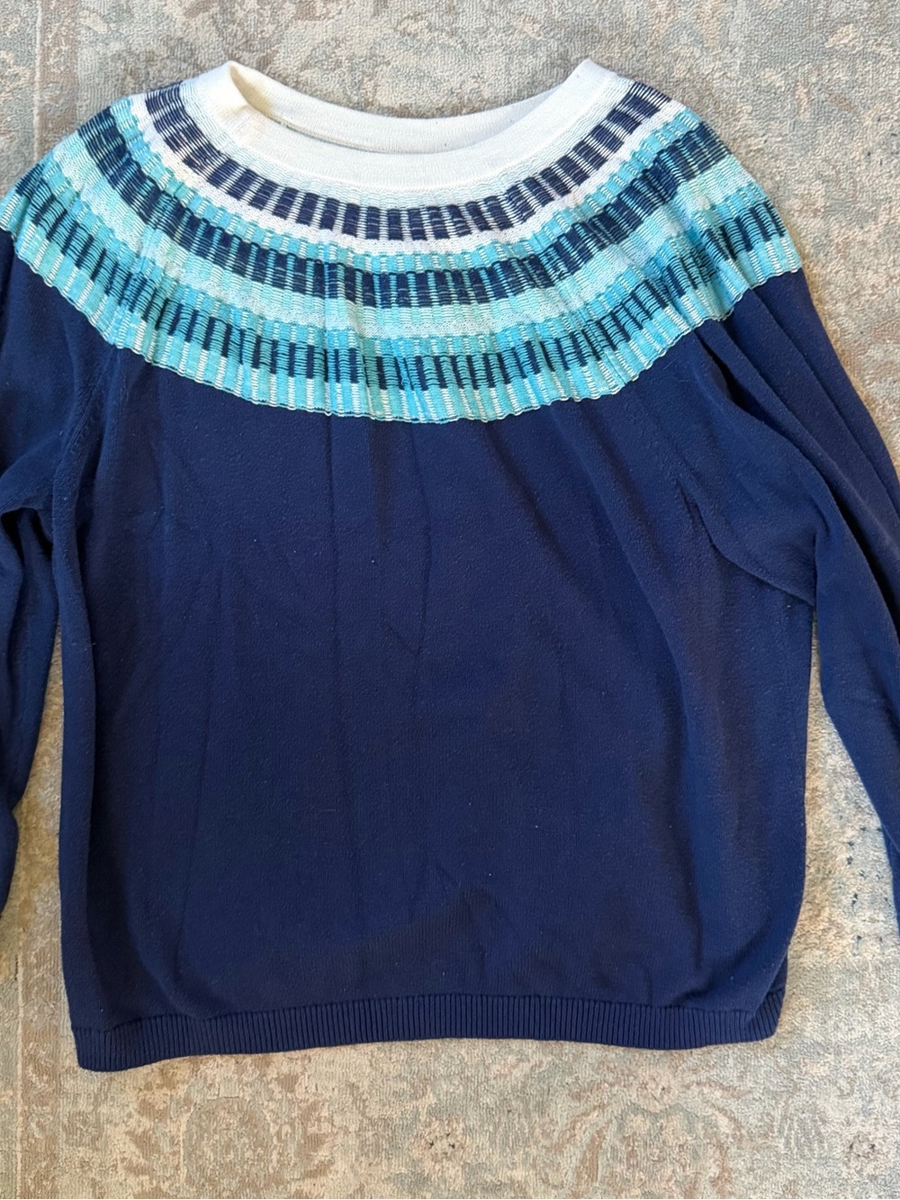 Amazon Navy Sweater with Aqua and White Yoke